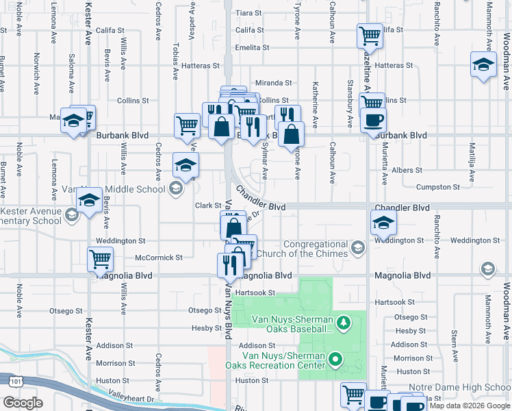 map of restaurants, bars, coffee shops, grocery stores, and more near 14400 Chandler Boulevard in Los Angeles