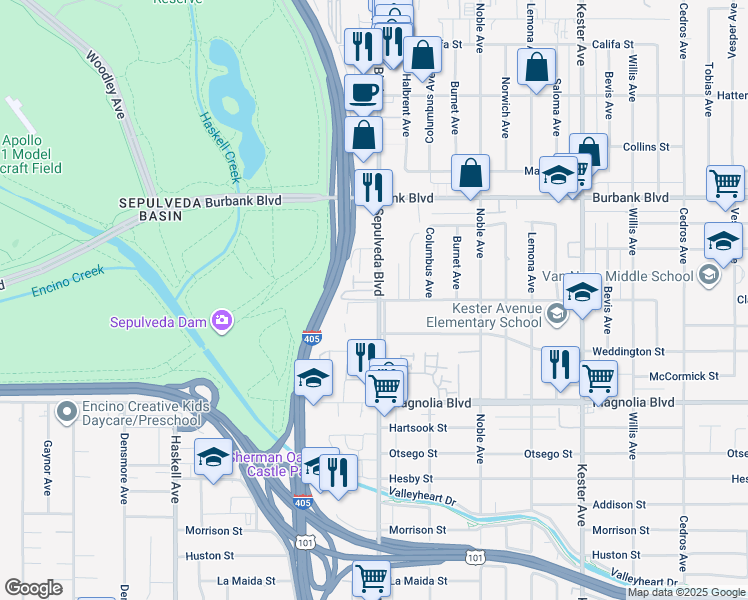 map of restaurants, bars, coffee shops, grocery stores, and more near 5345 Sepulveda Boulevard in Los Angeles
