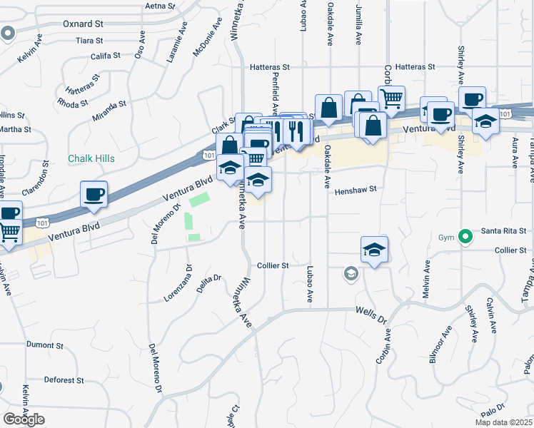 map of restaurants, bars, coffee shops, grocery stores, and more near 5411 Penfield Avenue in Los Angeles