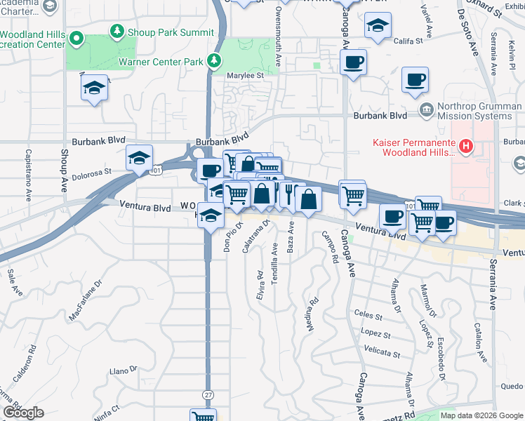 map of restaurants, bars, coffee shops, grocery stores, and more near 21733 Ventura Boulevard in Los Angeles