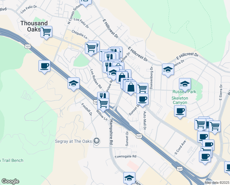 map of restaurants, bars, coffee shops, grocery stores, and more near 3071 Los Robles Road in Thousand Oaks