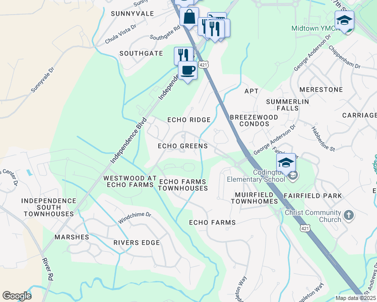 map of restaurants, bars, coffee shops, grocery stores, and more near 3972 Echo Farms Boulevard in Wilmington