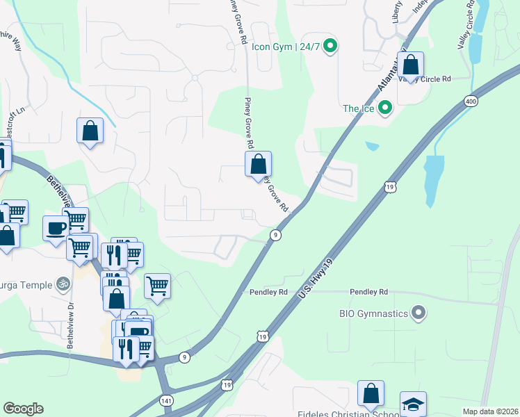 map of restaurants, bars, coffee shops, grocery stores, and more near 2020 Highland Gate Drive in Cumming
