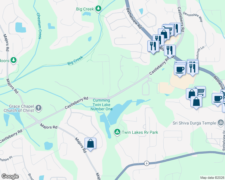 map of restaurants, bars, coffee shops, grocery stores, and more near 5890 Bluff Heights Drive in Cumming