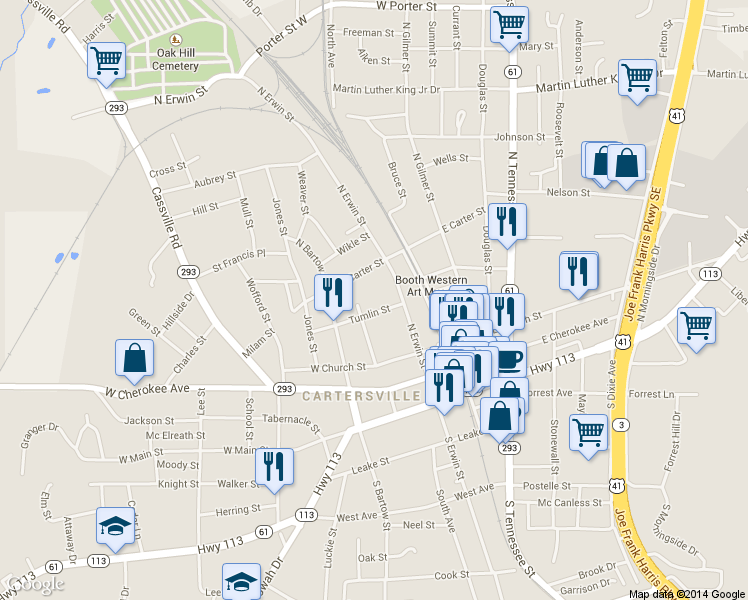 map of restaurants, bars, coffee shops, grocery stores, and more near 11 Tumlin Street in Cartersville