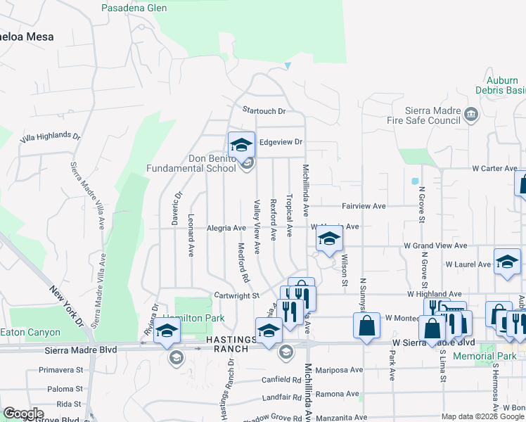 map of restaurants, bars, coffee shops, grocery stores, and more near 1280 Valley View Avenue in Pasadena