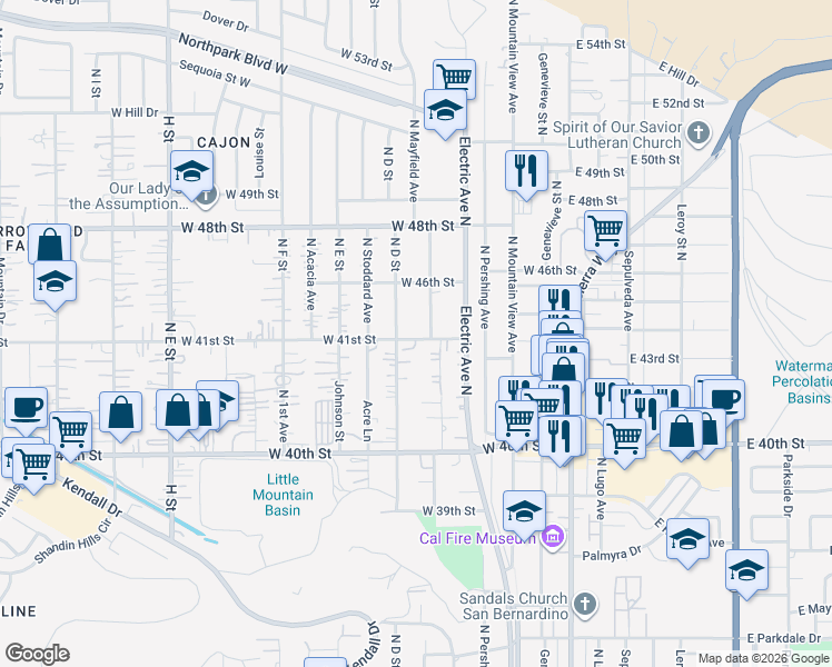 map of restaurants, bars, coffee shops, grocery stores, and more near 370 West 41st Street in San Bernardino