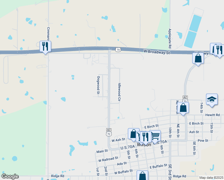 map of restaurants, bars, coffee shops, grocery stores, and more near 1901 Northwest 4th Street in Wilson