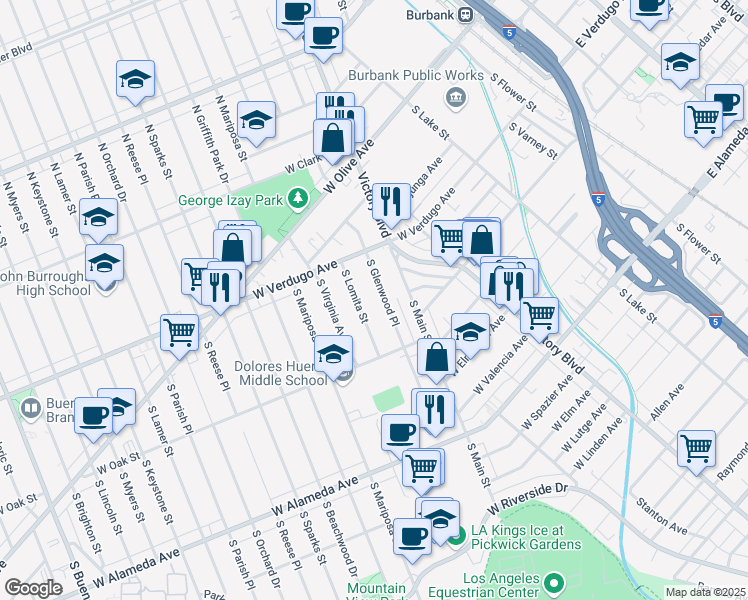 map of restaurants, bars, coffee shops, grocery stores, and more near 411 South Glenwood Place in Burbank