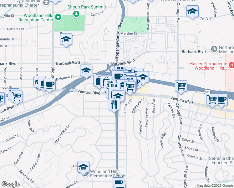 map of restaurants, bars, coffee shops, grocery stores, and more near 21551 Burbank Boulevard in Los Angeles