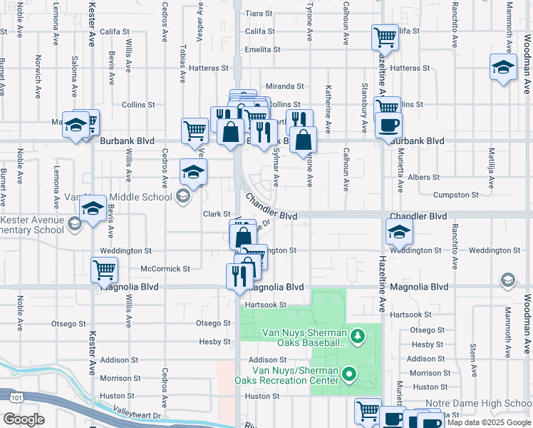 map of restaurants, bars, coffee shops, grocery stores, and more near 14400 Chandler Boulevard in Los Angeles