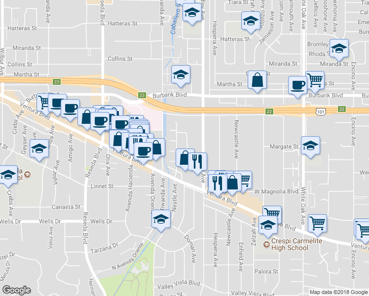 map of restaurants, bars, coffee shops, grocery stores, and more near 5363 Garden Grove Avenue in Los Angeles