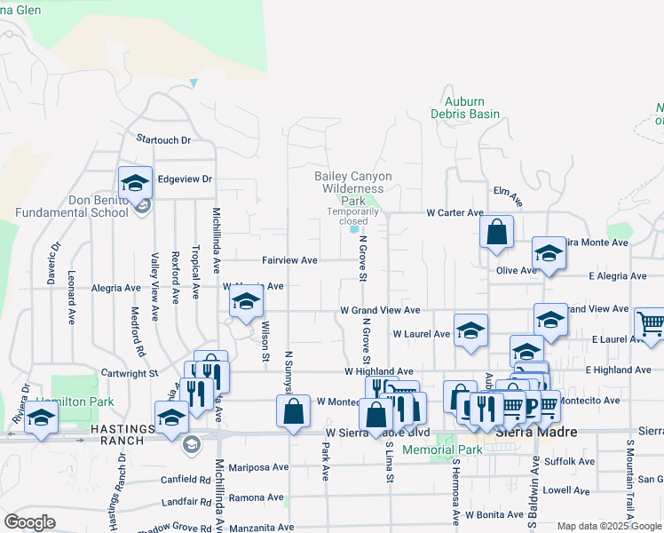 map of restaurants, bars, coffee shops, grocery stores, and more near 434 Fairview Avenue in Sierra Madre