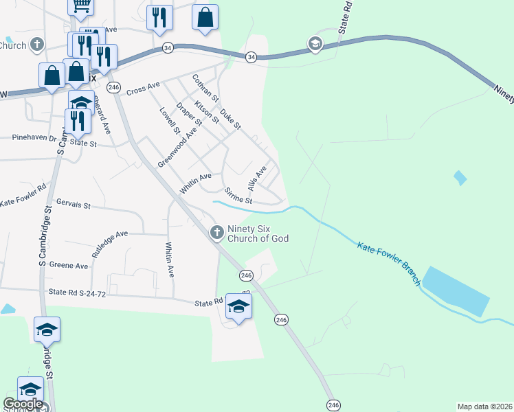 map of restaurants, bars, coffee shops, grocery stores, and more near 404 Sirrine Street in Ninety Six