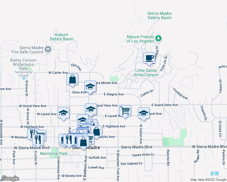 map of restaurants, bars, coffee shops, grocery stores, and more near 181 East Alegria Avenue in Sierra Madre