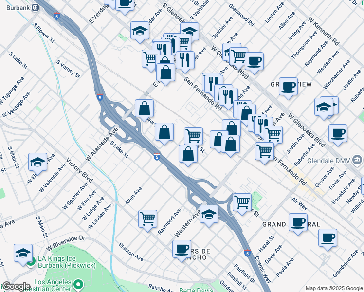 map of restaurants, bars, coffee shops, grocery stores, and more near 1851 Flower Street in Glendale