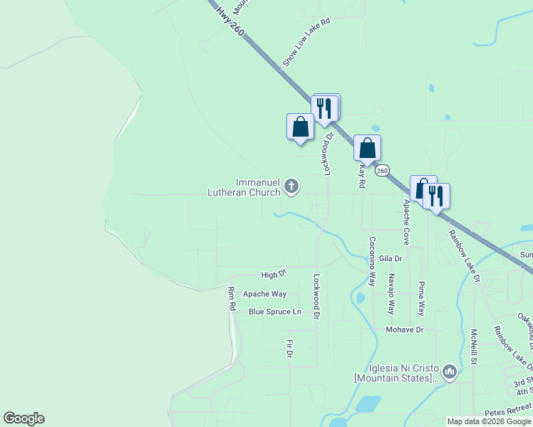 map of restaurants, bars, coffee shops, grocery stores, and more near 3077 Birch Drive in Pinetop-Lakeside