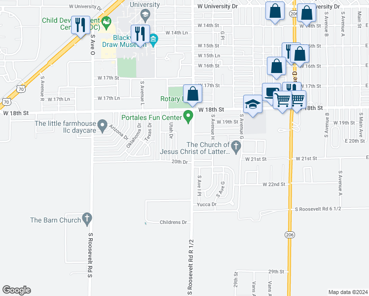 map of restaurants, bars, coffee shops, grocery stores, and more near 2001 South Avenue I in Portales