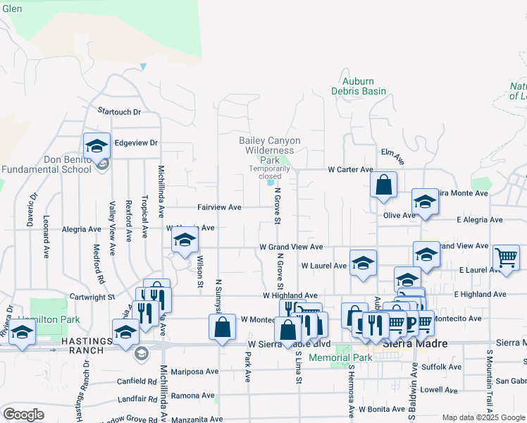 map of restaurants, bars, coffee shops, grocery stores, and more near 434 Fairview Avenue in Sierra Madre