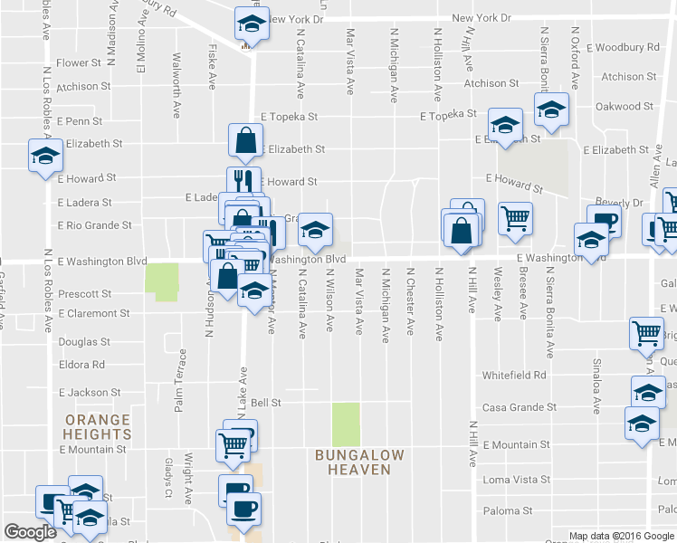 map of restaurants, bars, coffee shops, grocery stores, and more near 1308 North Wilson Avenue in Pasadena