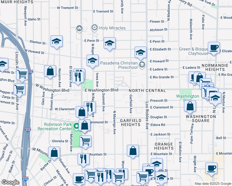 map of restaurants, bars, coffee shops, grocery stores, and more near 1318 North Marengo Avenue in Pasadena