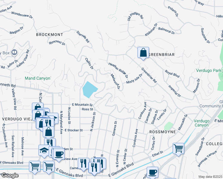 map of restaurants, bars, coffee shops, grocery stores, and more near 614 Bohlig Road in Glendale