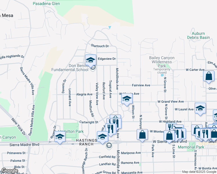 map of restaurants, bars, coffee shops, grocery stores, and more near 1285 Tropical Avenue in Pasadena