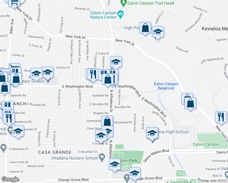map of restaurants, bars, coffee shops, grocery stores, and more near 1302 N Altadena Dr in Pasadena