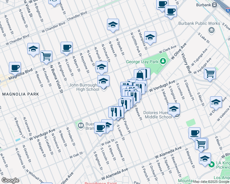 map of restaurants, bars, coffee shops, grocery stores, and more near 238 North Parish Place in Burbank