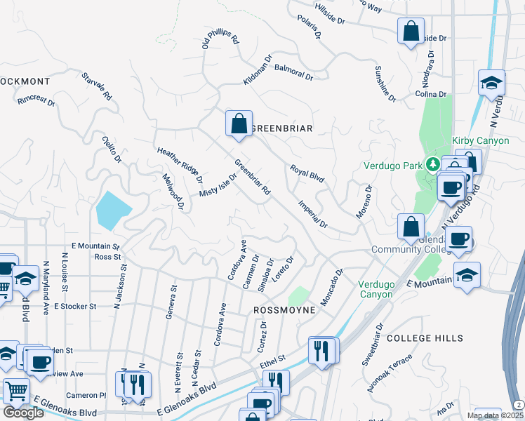 map of restaurants, bars, coffee shops, grocery stores, and more near 1621 Oakengate Drive in Glendale