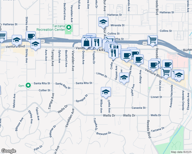 map of restaurants, bars, coffee shops, grocery stores, and more near 5352 Topeka Drive in Los Angeles