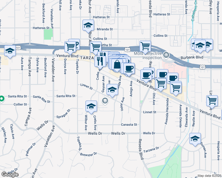 map of restaurants, bars, coffee shops, grocery stores, and more near 5360 Rhea Avenue in Los Angeles