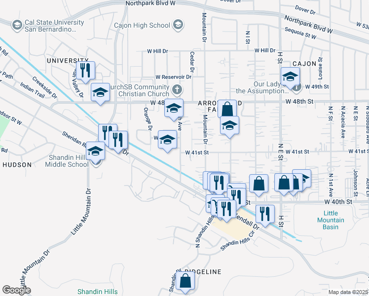 map of restaurants, bars, coffee shops, grocery stores, and more near 4107 North 4th Avenue in San Bernardino County