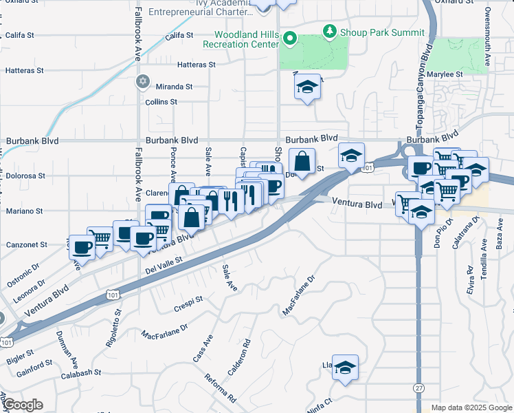 map of restaurants, bars, coffee shops, grocery stores, and more near 22435 Ventura Blvd in Woodland Hills