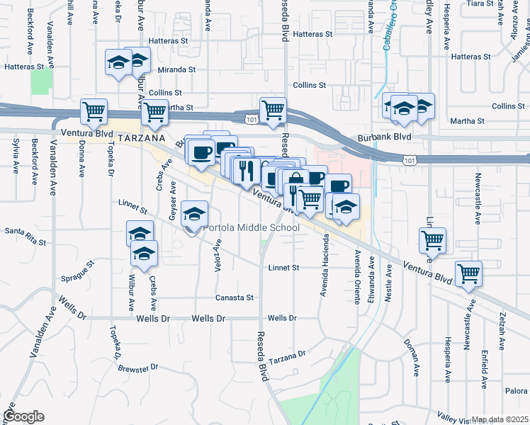 map of restaurants, bars, coffee shops, grocery stores, and more near 5344 Mecca Avenue in Los Angeles