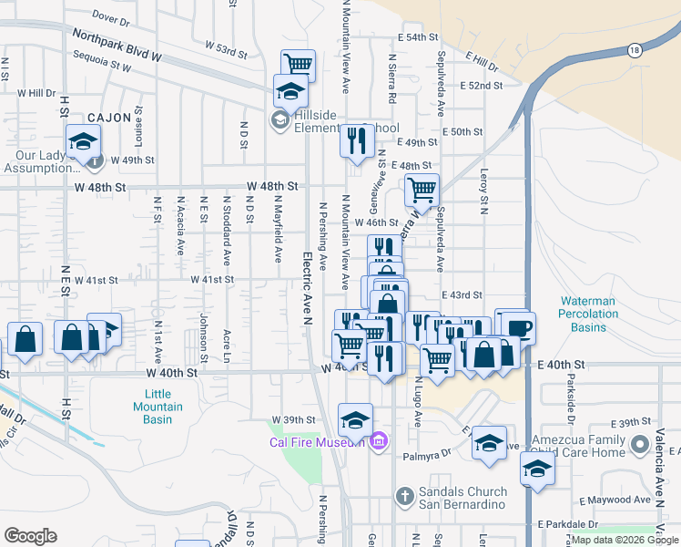 map of restaurants, bars, coffee shops, grocery stores, and more near 4380 North Mountain View Avenue in San Bernardino