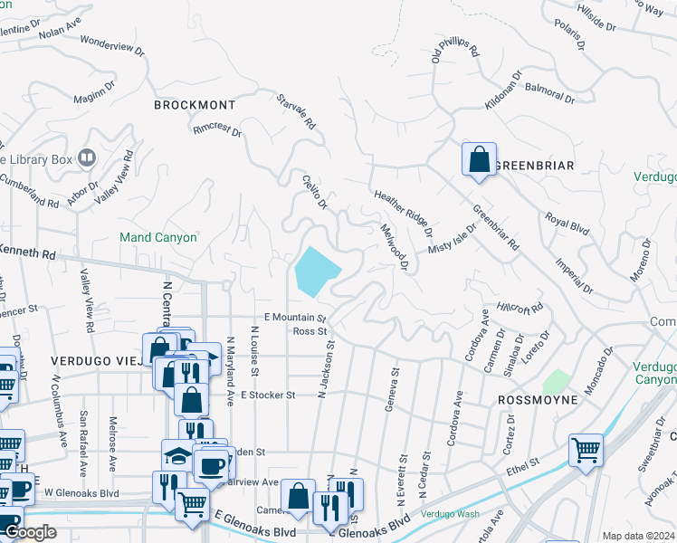 map of restaurants, bars, coffee shops, grocery stores, and more near 614 Bohlig Road in Glendale
