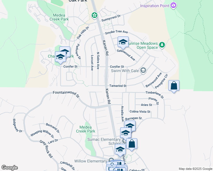 map of restaurants, bars, coffee shops, grocery stores, and more near 0 Kanan Road in Oak Park