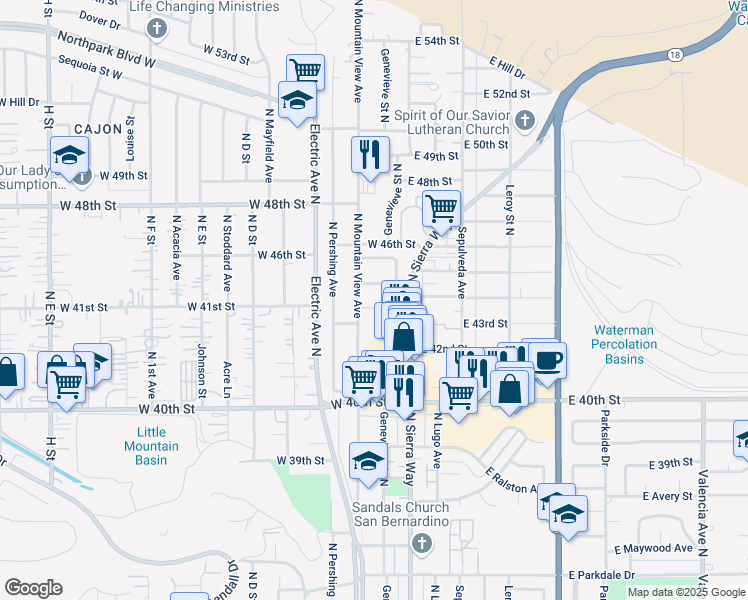 map of restaurants, bars, coffee shops, grocery stores, and more near 144 West 43rd Street in San Bernardino