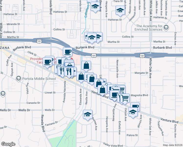 map of restaurants, bars, coffee shops, grocery stores, and more near 5363 Garden Grove Avenue in Los Angeles