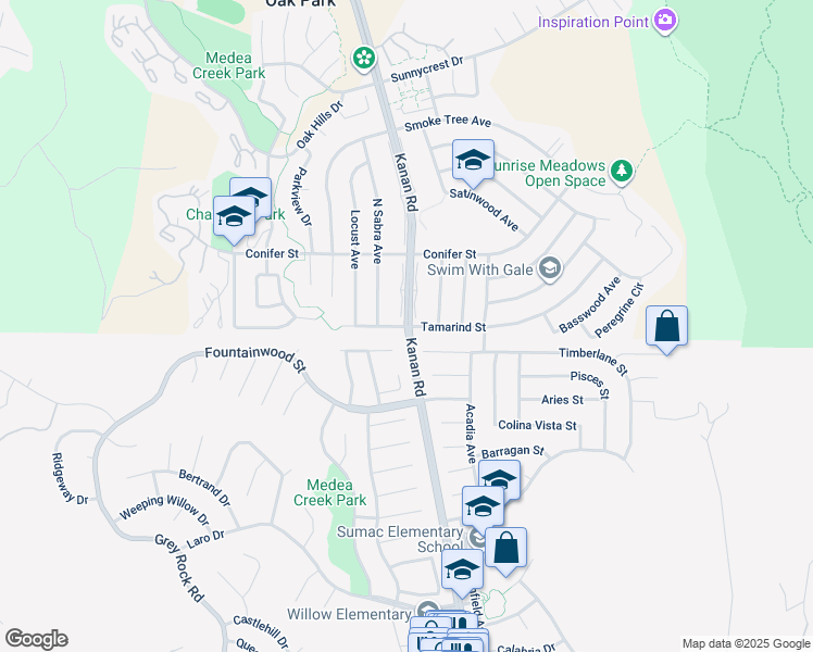 map of restaurants, bars, coffee shops, grocery stores, and more near 1 Kanan Road in Oak Park