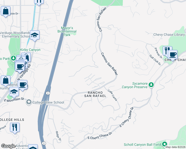 map of restaurants, bars, coffee shops, grocery stores, and more near 1930 Caminito Del Pilar in Glendale