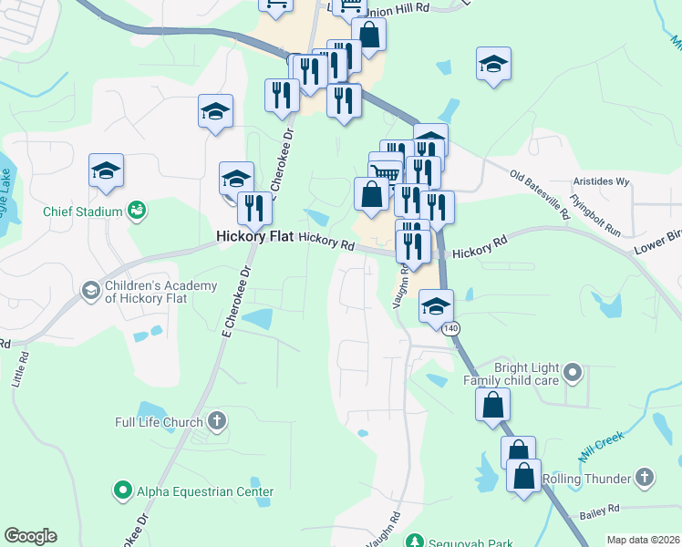 map of restaurants, bars, coffee shops, grocery stores, and more near 228 Orchards Circle in Woodstock