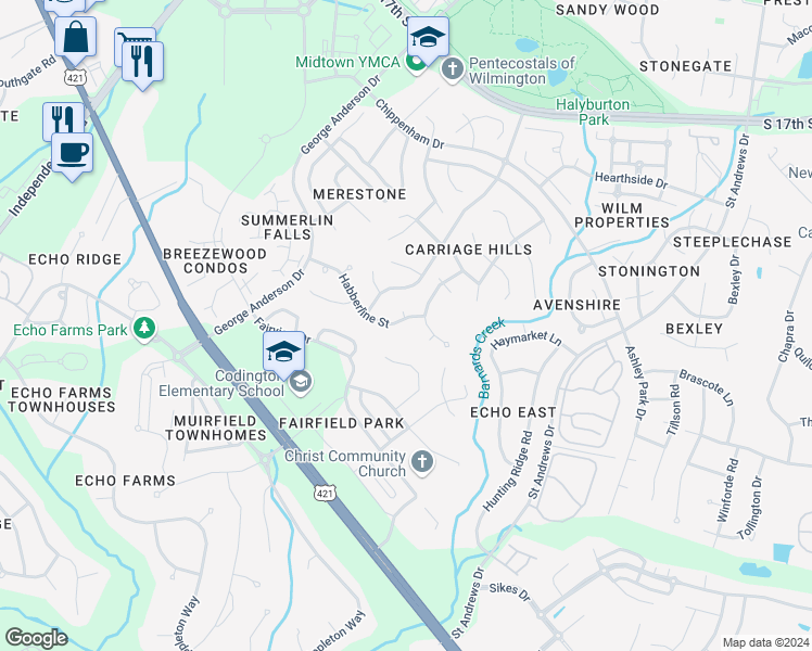 map of restaurants, bars, coffee shops, grocery stores, and more near 3826 Habberline Street in Wilmington