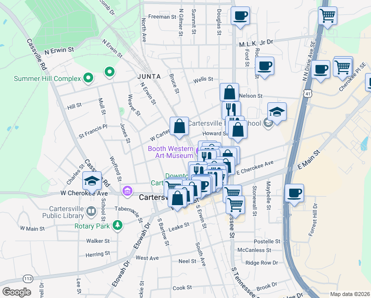 map of restaurants, bars, coffee shops, grocery stores, and more near 125 North Erwin Street in Cartersville