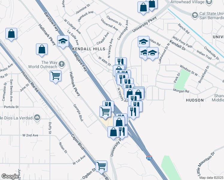 map of restaurants, bars, coffee shops, grocery stores, and more near 4420 North Varsity Avenue in San Bernardino