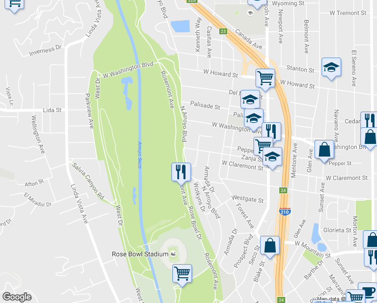 map of restaurants, bars, coffee shops, grocery stores, and more near 1240 North Arroyo Boulevard in Pasadena