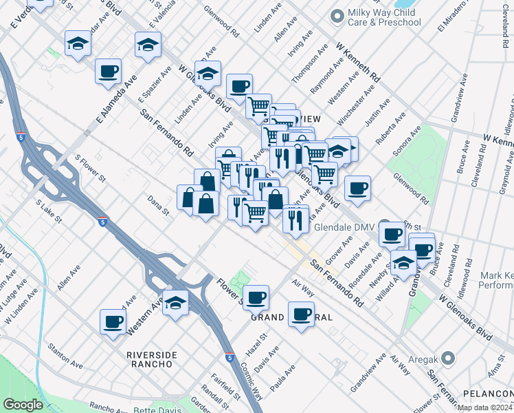 map of restaurants, bars, coffee shops, grocery stores, and more near 6534 San Fernando Road in Glendale