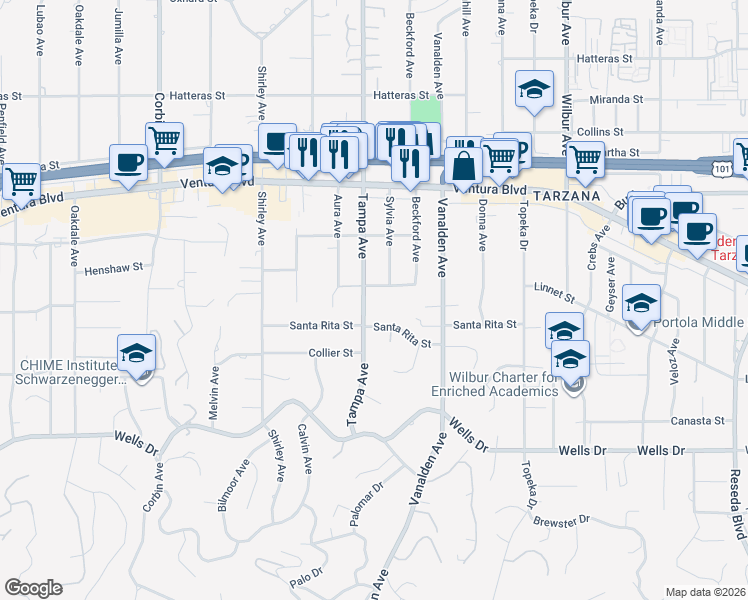 map of restaurants, bars, coffee shops, grocery stores, and more near 5352 Tampa Avenue in Los Angeles