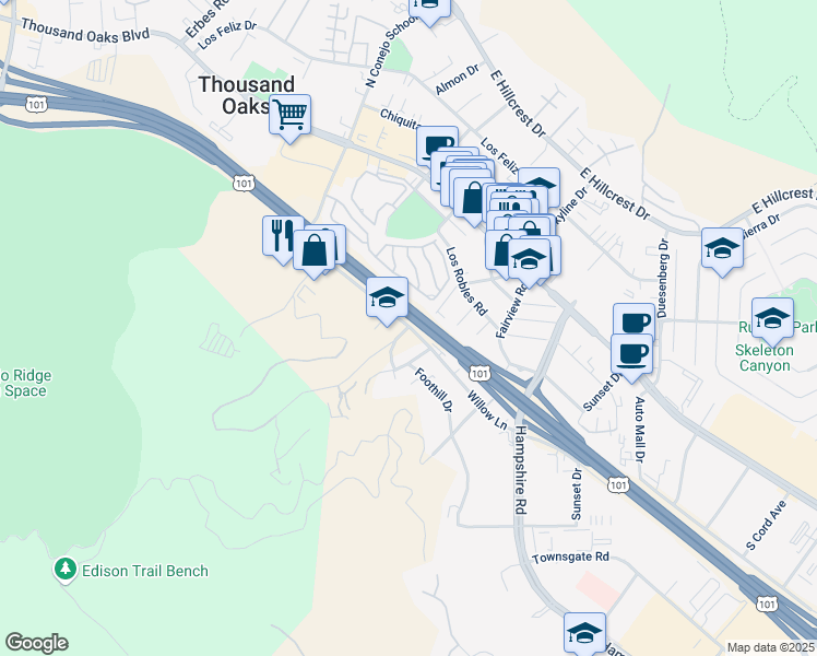 map of restaurants, bars, coffee shops, grocery stores, and more near 2 South Skyline Drive in Thousand Oaks